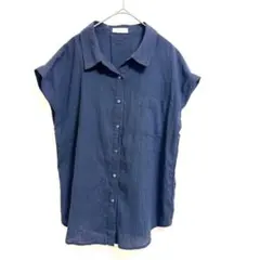 【SHIPS any】ネイビー半袖シャツブラウスゆったりシルエット Fサイズ