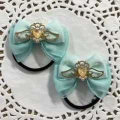 ハンドメイド ヘアゴム グリーンリボン エンジェルハート a511