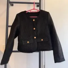 【上品】ノーカラー M ジャケット ブラック ツイード シングル