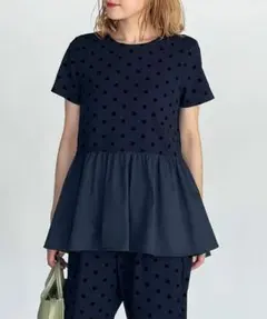 ピッチン Piccin フロッキードット切替ぺプラムブラウス M ネイビーのサムネイル