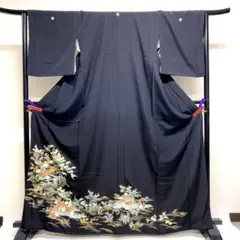 黒留袖　比翼付き　五つ紋　金彩　橋　建物　網干　松竹梅　楓　菖　着物　082tz