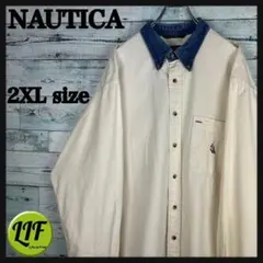 ノーティカ 90s 刺繍ロゴ 襟デニム 長袖 BDシャツ オフホワイト 5693のサムネイル