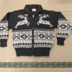 美品　メンズ　ハンドメイド風　厚手　カーディガン　茶　襟　ファスナー　柄　ウール