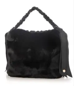 CasheCashe カシュカシュ黒エコファーバッググログランリボン付