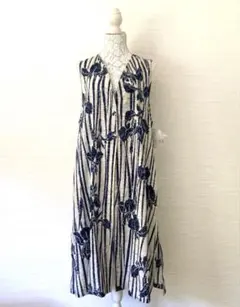 着物リメイク 大島紬ロングフレアワンピース（後ろVネック）着丈125