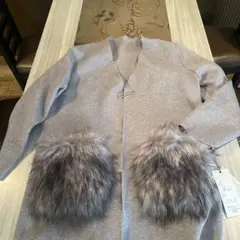 ファー付きポケット ロングカーディガン グレー