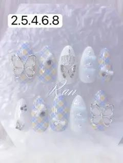 現品 ネイルチップ 量産型 韓国 ワンホン チェック フレンチガーリー 青 黄