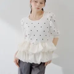 SALON by Chico】 5分袖ドットバルーンペプラムパワショルニット
