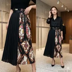 SHEENA DEL RAY【M】プリーツスカート ブラック スカーフ柄 通勤