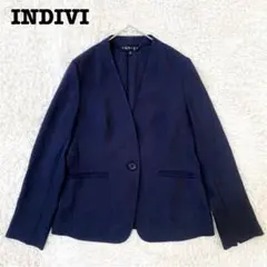 【美品】INDIVI ノーカラージャケット ネイビー ウォッシャブルL相当日本製