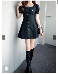 ツイードスクエアネックフレアミニワンピース GRL