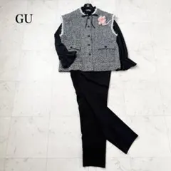 3点セット❤️XL ジレ　ボウタイブラウス　パンツ　ツイード　GU ブラック