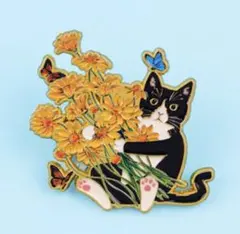 【猫×花×蝶々】ブローチ ピンバッジ 黒白猫 ハチワレ猫 可愛い 北欧 雑貨