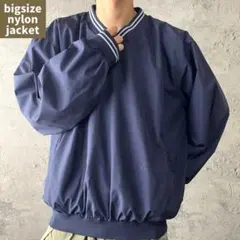 00s ナイロンジャケット プルオーバー リブライン Vネック 刺繍ロゴ 古着