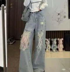SHEIN シーイン　デニム　ダメージデニム　ワイド