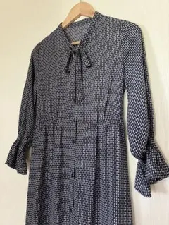 昭和レトロ　レトロポップ　ワンピース　七分袖　ロング　ネイビー　リボン　古着