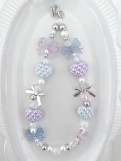 【現品限り⋆˙⟡ぷっくり】ブルー×パープルのハート〰︎︎ビーズストラップ C408