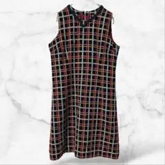 ノースリーブVネックワンピース チェック 総柄 レディース Aライン 刺繍