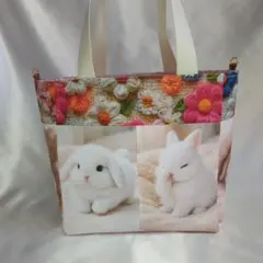 トート　ハンドメイド　うさぎイラストトートバッグ　パネル生地