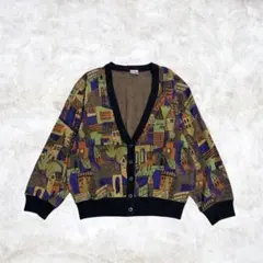 ヴィンテージ　ニット　カーディガン 建物柄　レトロカラフル　前開き