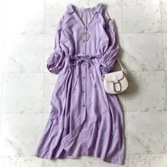 美品♪スローブイエナ　インド綿　シャツワンピース　ロング　リボン　ギャザー　F