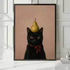 【シュールな猫】　頭に洋梨をのせた黒猫　おしゃれ　ポスターA4