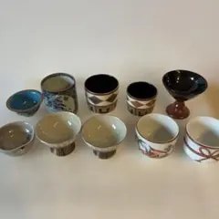 陶器製お猪口10個セット 白グレー青金系