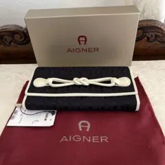 未使用 AIGNER アイグナー 黒白 ロゴ織り 長財布 キーリング付 春財布のサムネイル