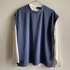 LUCY レイヤード風 クルーネック 長袖Tシャツ ブルー×ホワイト Mのサムネイル