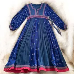 【美品✨】ネイビー花柄刺繍長袖 フレアロングワンピース ヴィンテージ レトロ M