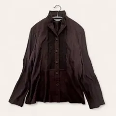 ブラウス スタンドカラー トップス ダークブラウン クラシック レース レトロ