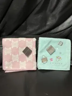 CELINE セリーヌ タオルハンカチ 水色 マカダム柄 ピンク 2枚セット