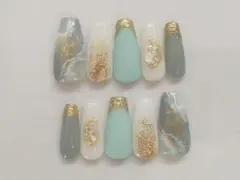 大理石　ネイル　ブルー　水色　プリンセス　キラキラ　シェル　綺麗め　大人可愛い