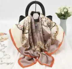 【訳あり】オレンジ×グレージュ 大判シルク調スカーフ④