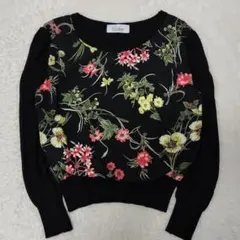 フラワープリント ニット 異素材 ドッキング 長袖 ブラック ボタニカル柄