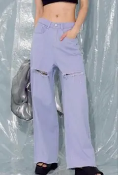 ANAP パープル　紫　ダメージ加工 ワイドパンツ　カラージーンズ
