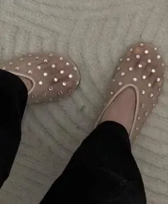 メッシュ ラインストーン フラットシューズ　バレエシューズ　パンプス　ビジュー