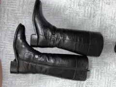 レディース レザー膝丈ブーツ ブラック 24.5cm