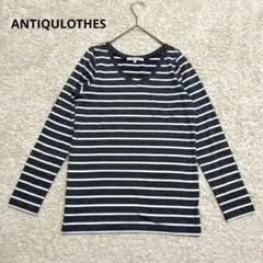 【ANTIQULOTHES】ボーダーT Vネック　グレー×ホワイト　レーヨン混