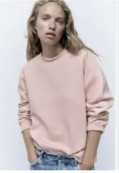 ZARA ミニマリストスウェットシャツ　ライトピンク　裏起毛スウェット　M