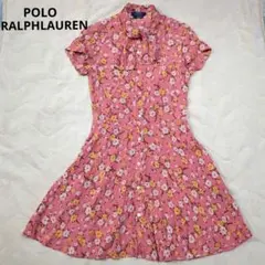 ポロラルフローレン　ワンピース　ボウタイ　花柄　フレア　Aライン　ピンク　4　M