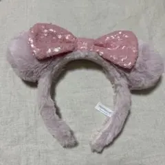 ピンク　スパンコールリボン耳付ふわふわカチューシャ