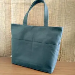 黒８号帆布＆裏地グレー系ハワイアン柄　ポケッいっぱい　トートバッグ　ハンドメイド