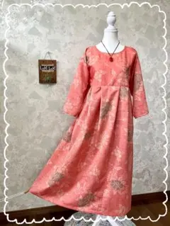 の*ん様 ウール紬着物リメイク　優しい春色ドルマン袖ワンピース