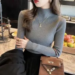 セーター リブニット 長袖 タートルネック レディース トップス 韓国 グレー