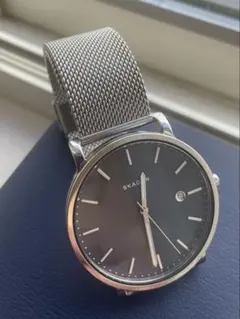 【電池新品美品】スカーゲン腕時計40㎜ネイビー、シルバーメッシュベルト