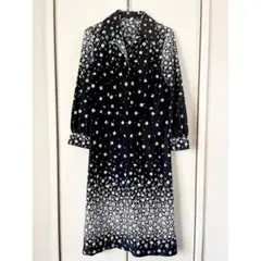 美品★オシャレ レトロ柄 自宅洗濯可 シャツワンピース 前開き テロテロ素材 黒