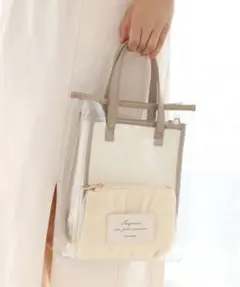 【美品】NICE CLAUP PVCジャガード3点セットバッグ アイボリー