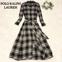 【大人っぽい上品✨】ポロラルフローレン チェック シャツワンピ マキシ丈 ベルト