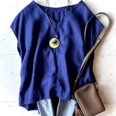 美品 アーバンリサーチドアーズ リネンバックタックブラウス 洗える ネイビー